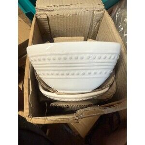 American Atelier White Embossed Bowls – Set of 3 Square Bianca Dotted Stoneware